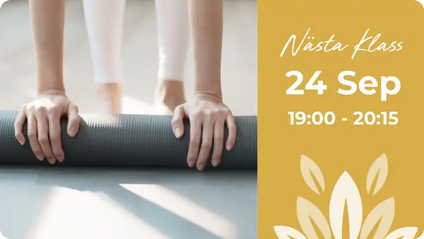 Bilden visar en närbild av två händer som greppar en yogamatta. På högra sidan finns en text i guldfärg som lyder 