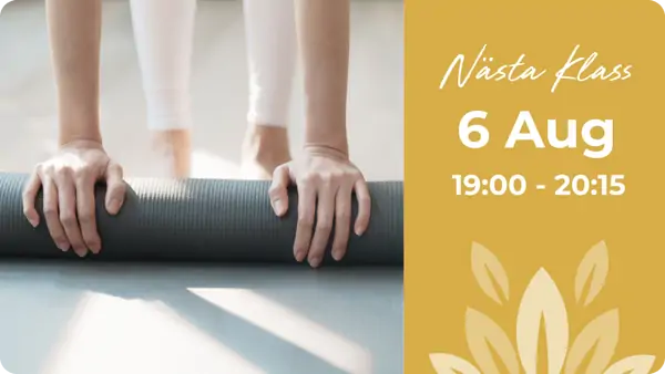 Bilden visar en närbild av två händer som greppar en yogamatta. På högra sidan finns en text i guldfärg som lyder 