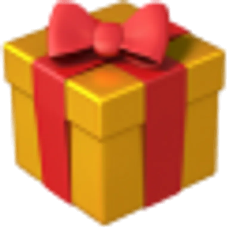 Ett julpaket i guld med ett röd band och en röd rosett på toppen.